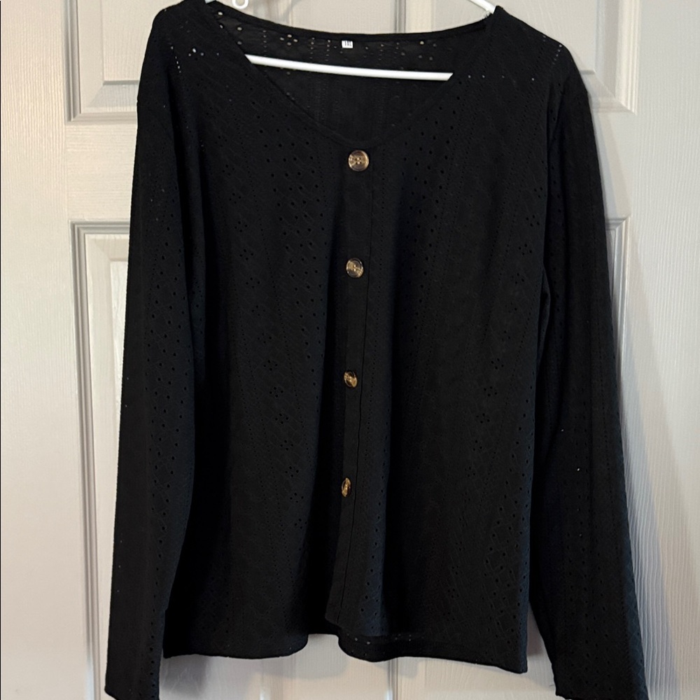 Black Eyelet Button-Front Long Sleeve Top